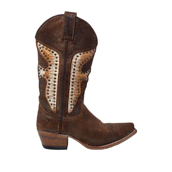 Frye Daisy Duke Python Studded Cowboy Western Boots 77782 Brown Size US 6 - Picture 1 of 9
